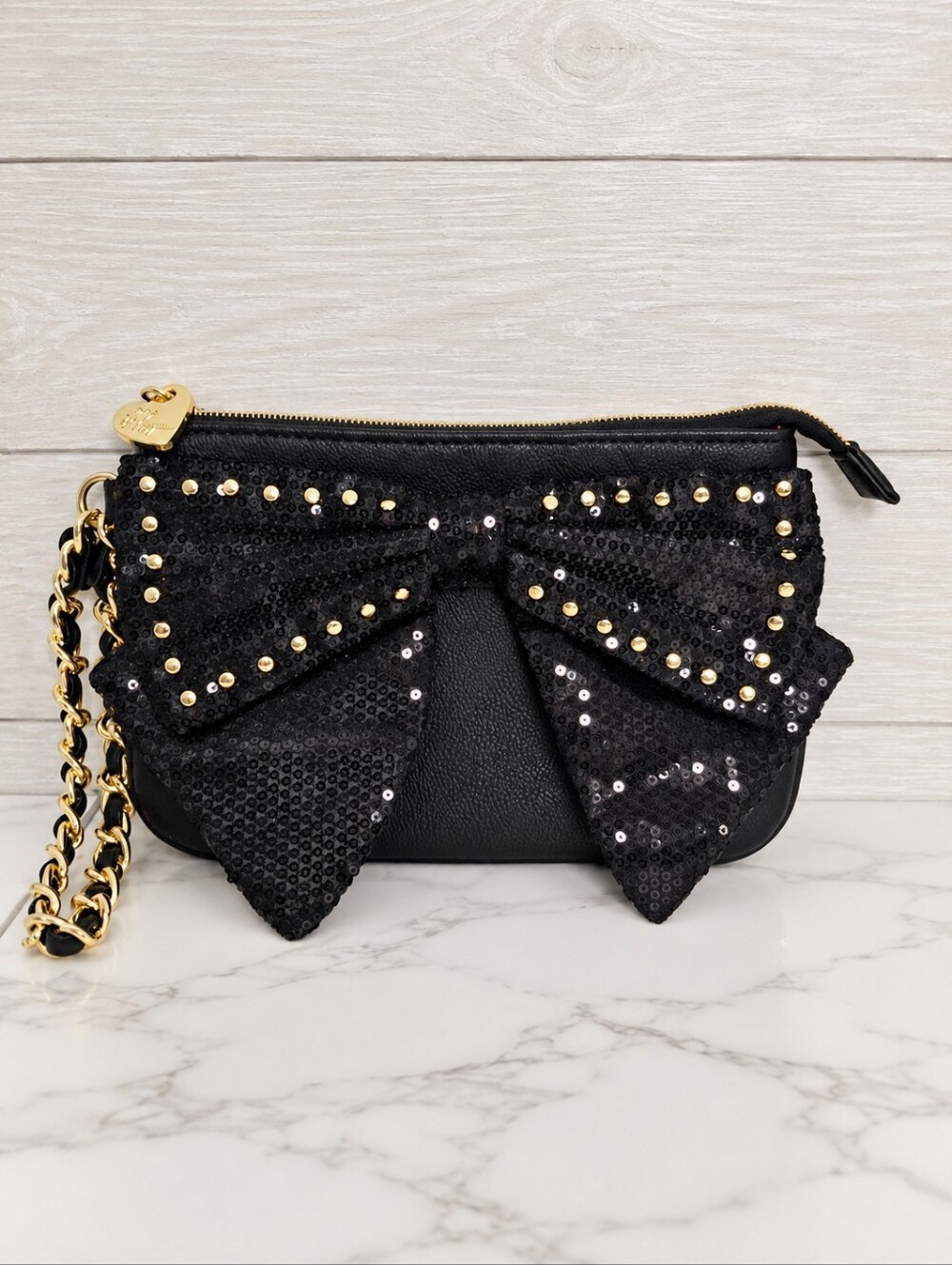 Betsey Johnson Black Sequin Bow Studded Chain Wristlet Clutch NWOT